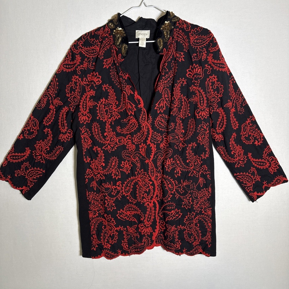 Chico's Size 1 Black & Red Paisley Blazer Boho Baroque Style